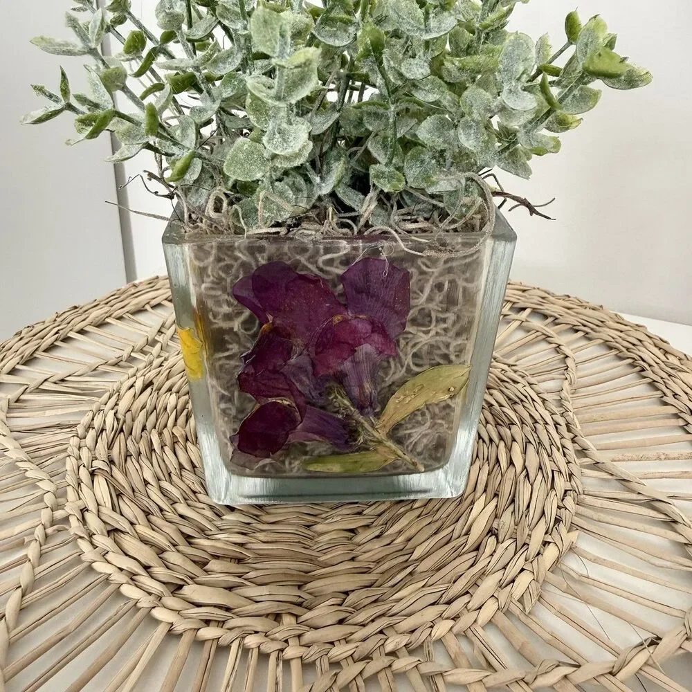 Handmade Faux Green Plant Arrangement In Dried Flower Glass Planter